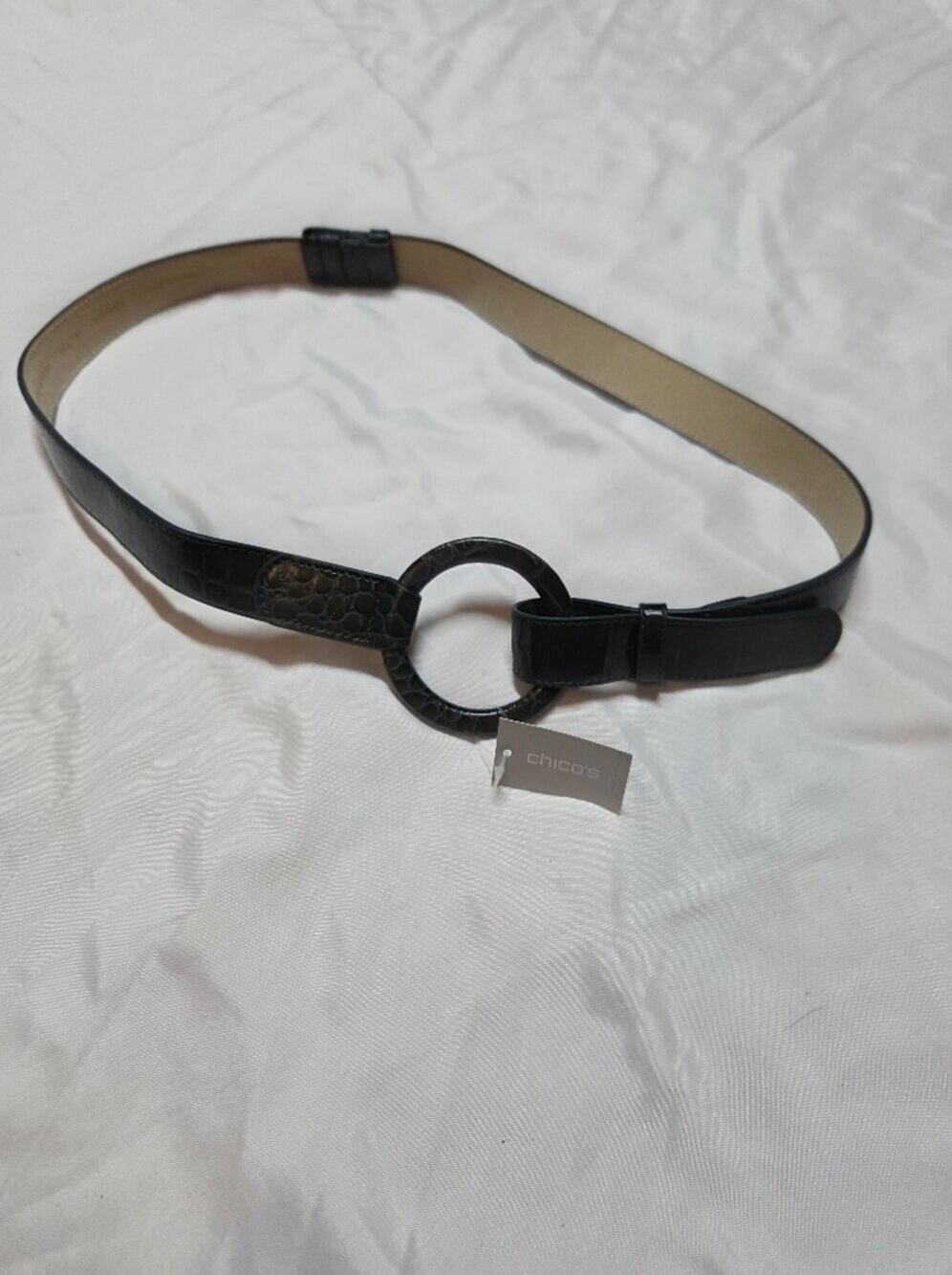 Chico's Black Croc-Embossed Belt with Round Buckle